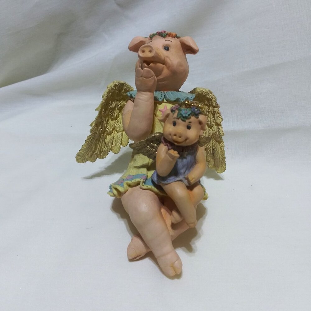 Ceramic shelf sitter Angel  Mother Pig  and baby  Angel pig